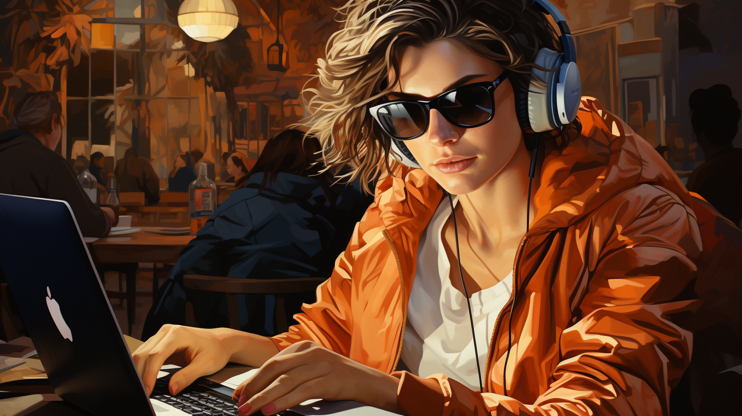 A woman in an orange jacket wearing sunglasses and headphones using a laptop in a cafe