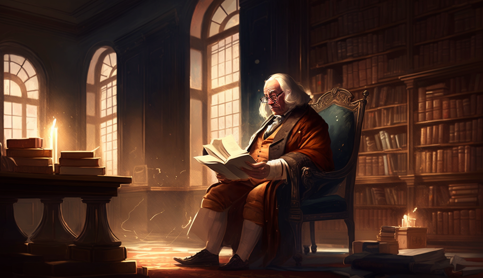 An illustration of Benjamin Franklin sitting in an 18th century library reading