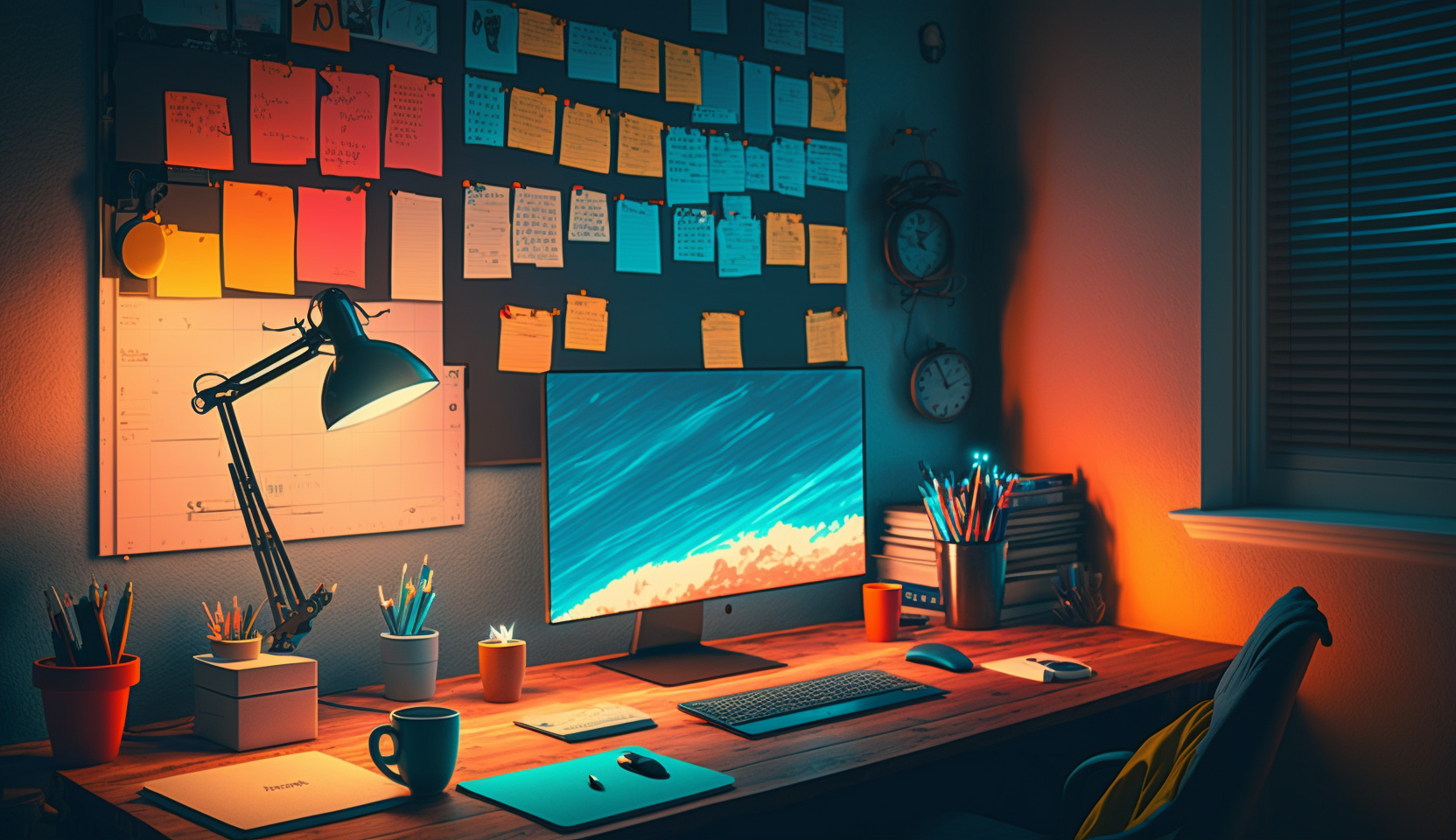 An illustration of a product developer's workstation with lamp, display, and lots of post-it notes