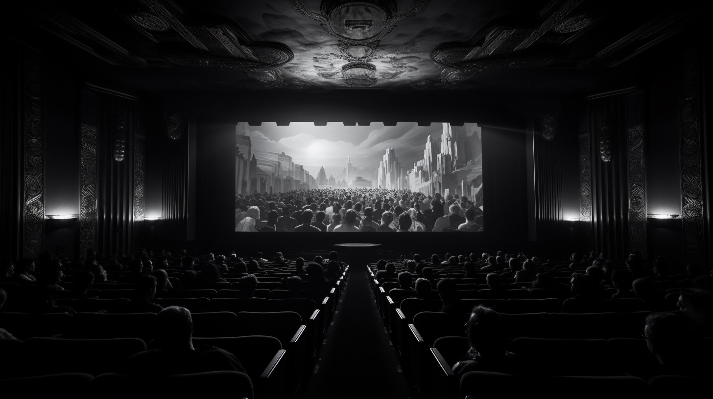 Inside a crowded 1930s movie theater, showing a noir film. Monochrome, dramatic lighting.