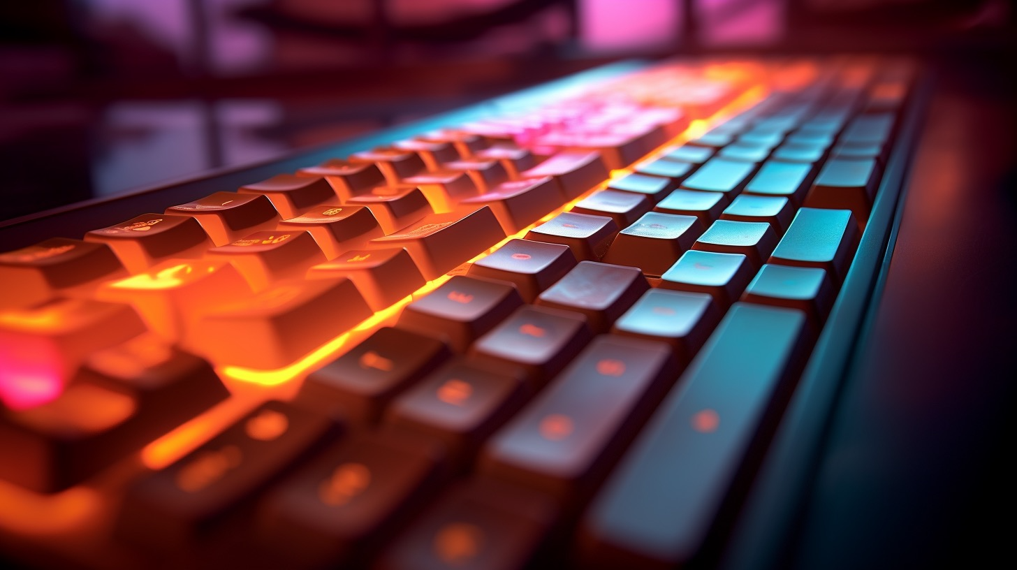 A desktop computer keyboard, warmly lit in dramatic lighting